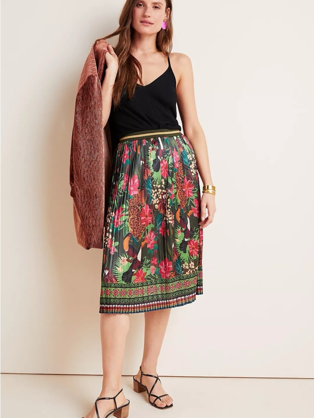 FARM RIO Bosque Pleated Midi Skirt in Jungle Print / Size S / NWT / MSRP $148